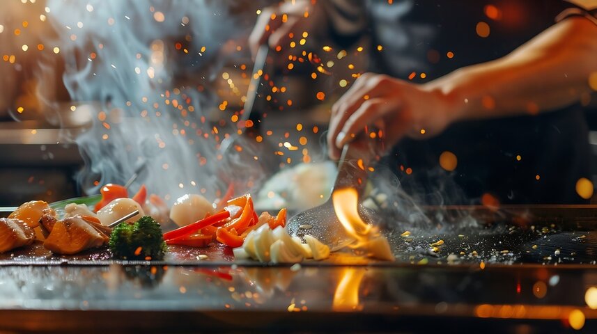 Hibachi chef grilling premium meats at Boston home event