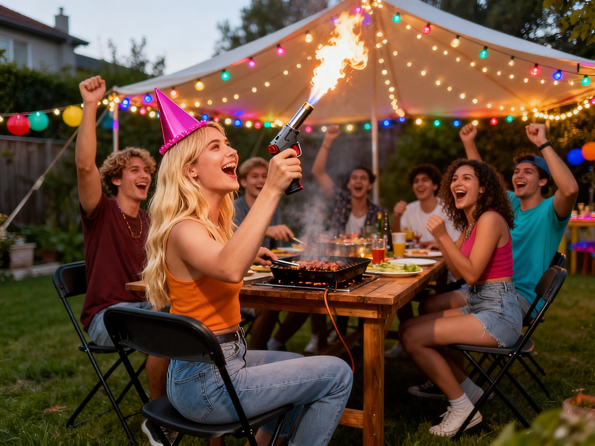 Outdoor garden hibachi party with friends around dining table in Boston
