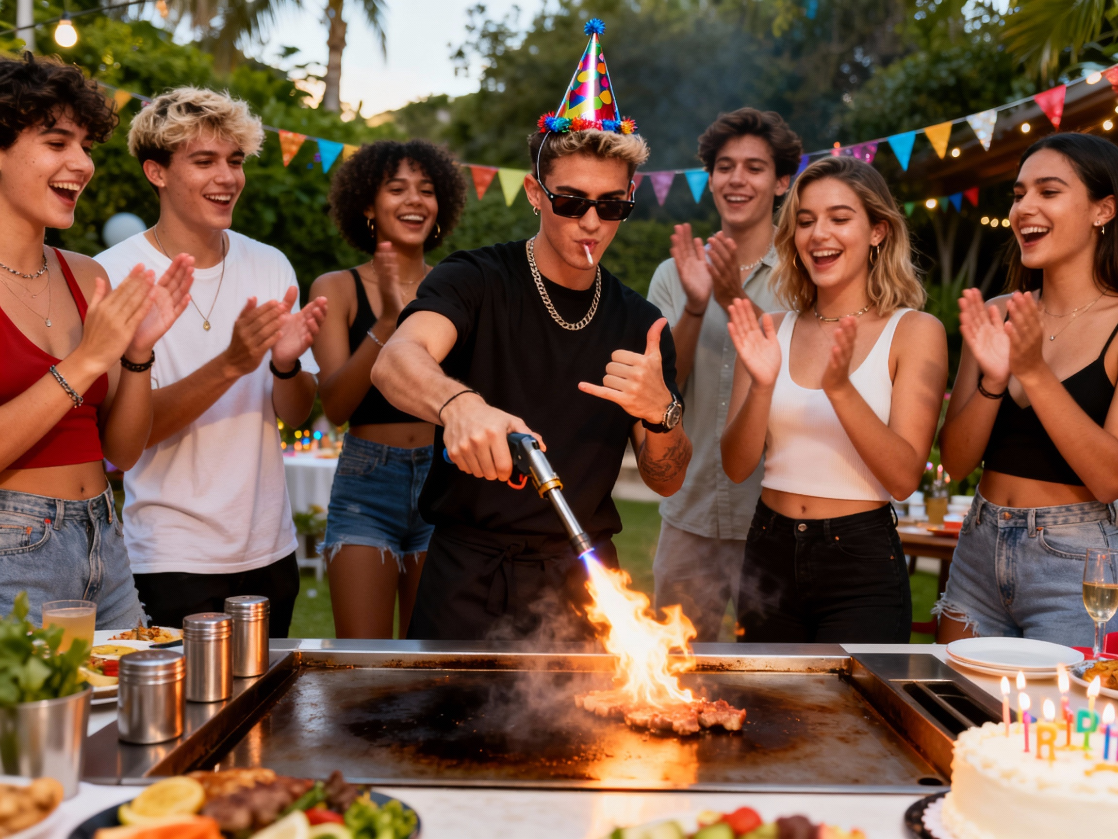 Birthday celebration with hibachi catering and birthday cake in Boston