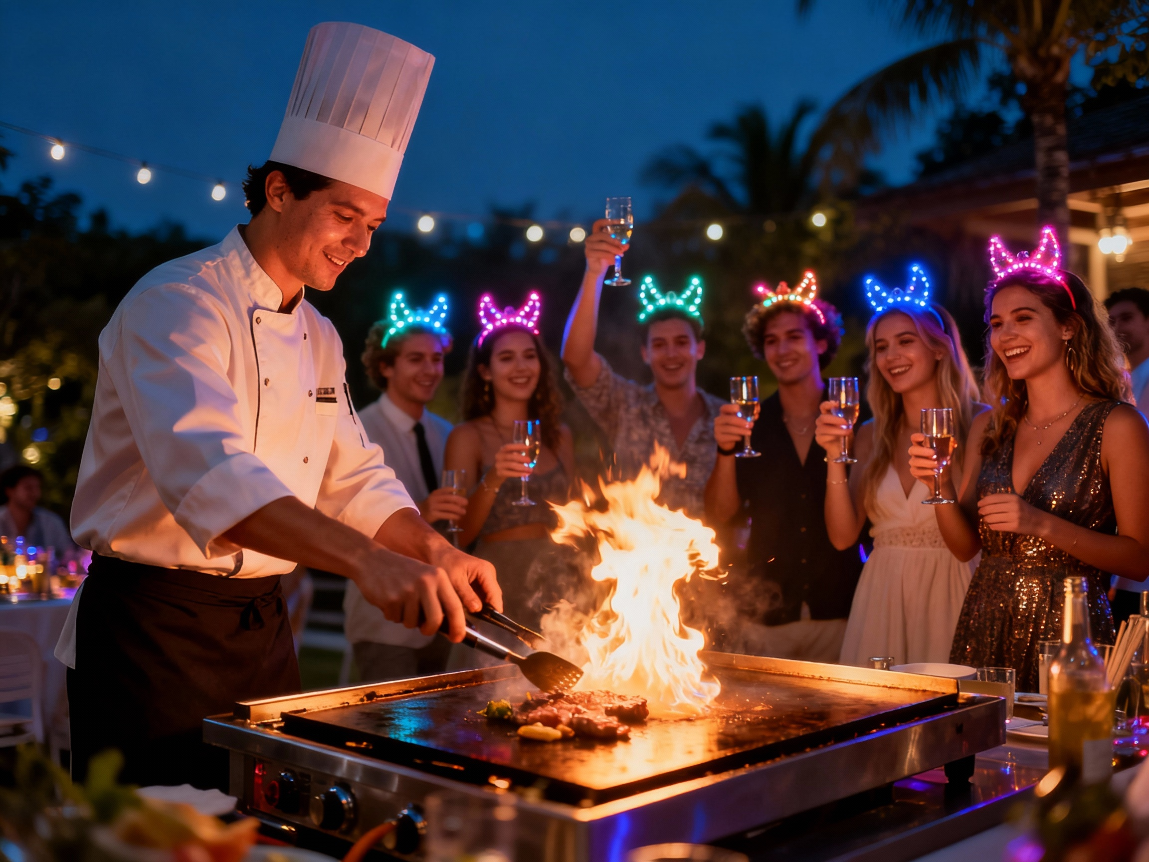 Night hibachi party with dramatic flames and professional chef in Boston