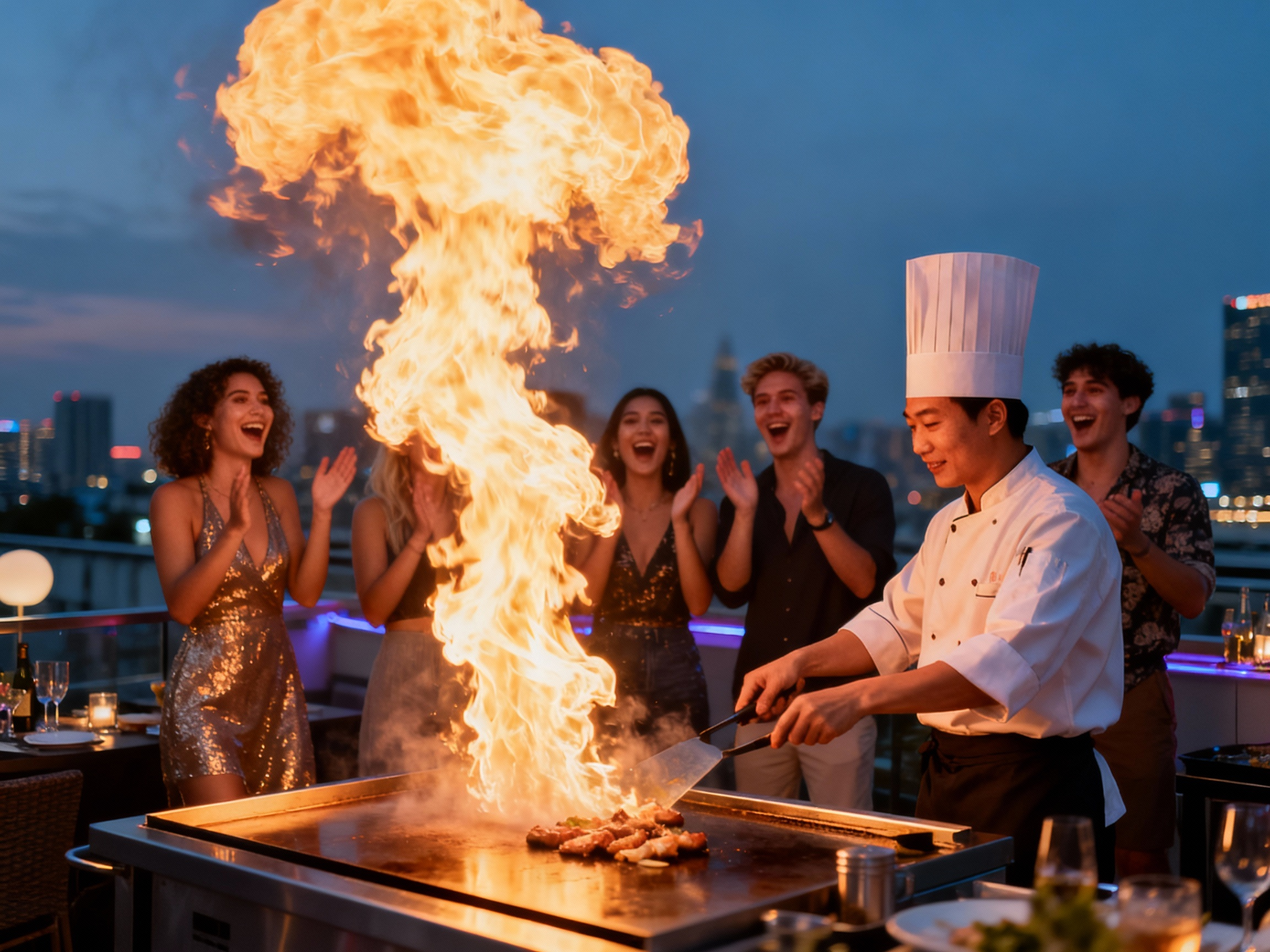 Rooftop hibachi catering with city skyline view in Boston